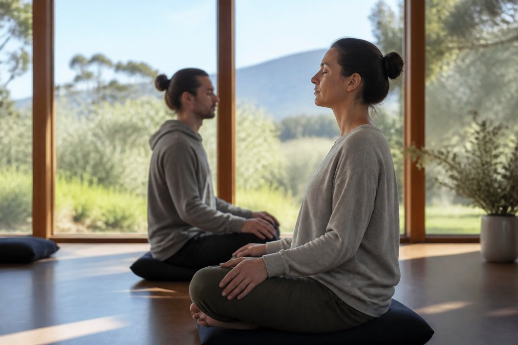 Professional in serene retreat setting during guided meditation session, seated on cushion with eyes closed, natural light streaming through large windows, peaceful landscape visible outside