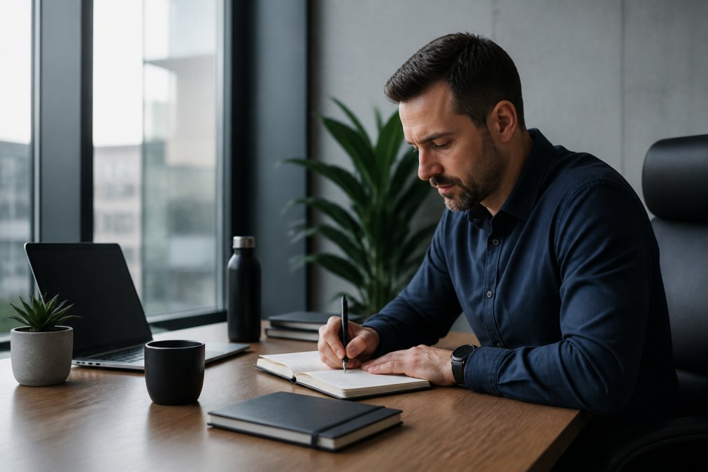 Business professional at desk in modern office appearing calm and focused, with notebook and wellness journal visible, implementing daily mindfulness practices