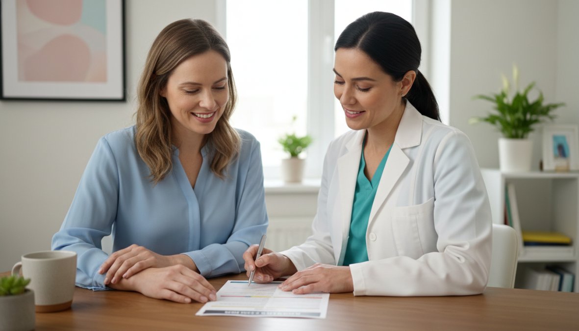 A woman in her 30s sitting across from a female doctor at a clinic desk, both reviewing a printed nutrition and wellness plan together under warm overhead lighting, the woman looking engaged and nodding