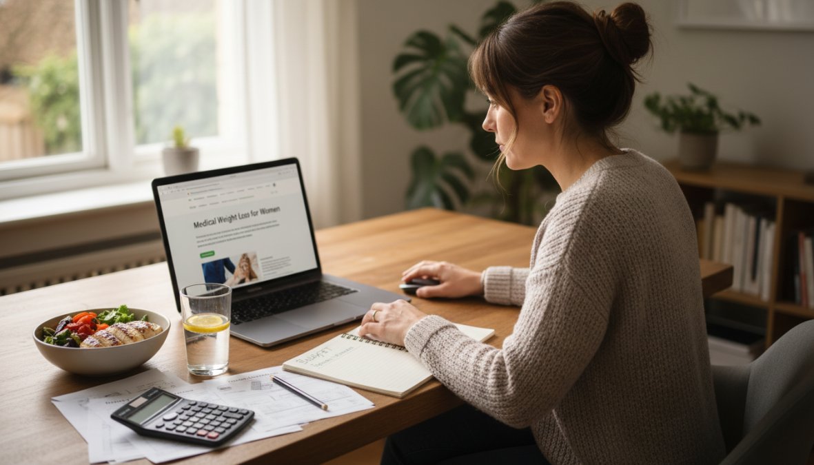 A woman in her early 40s sitting at a home desk on a laptop reviewing an online medical weight loss program, a glass of water and a plate of colorful vegetables visible beside the keyboard, warm natural light from a nearby window