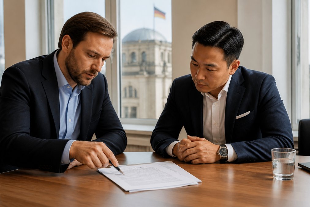 A professional business meeting in a bright German office, with an international entrepreneur and a local legal representative reviewing incorporation documents at a large wooden table