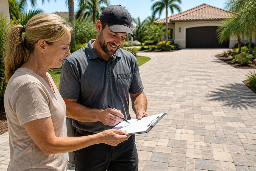 Benefits of a Lifetime Workmanship Guarantee 2 A homeowner and a hardscape contractor reviewing a written warranty document on a clipboard, with a newly installed paver driveway visible in the background under bright Florida sunlight