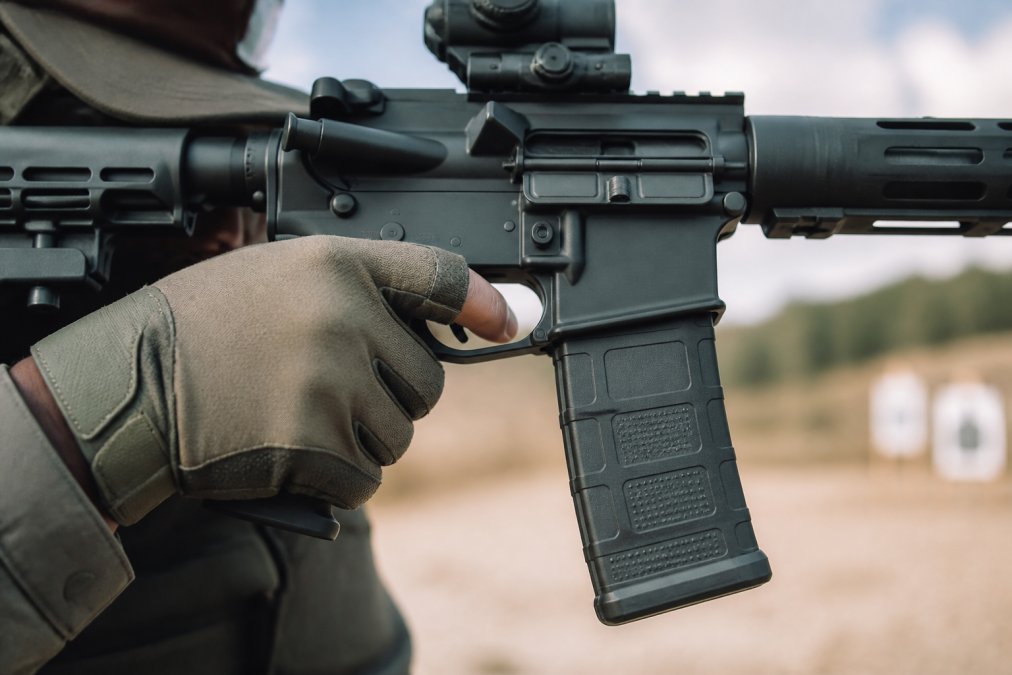 Shooter with a gloved finger indexed on an AR-15 receiver equipped with a lighter AR-15 trigger at the range.
