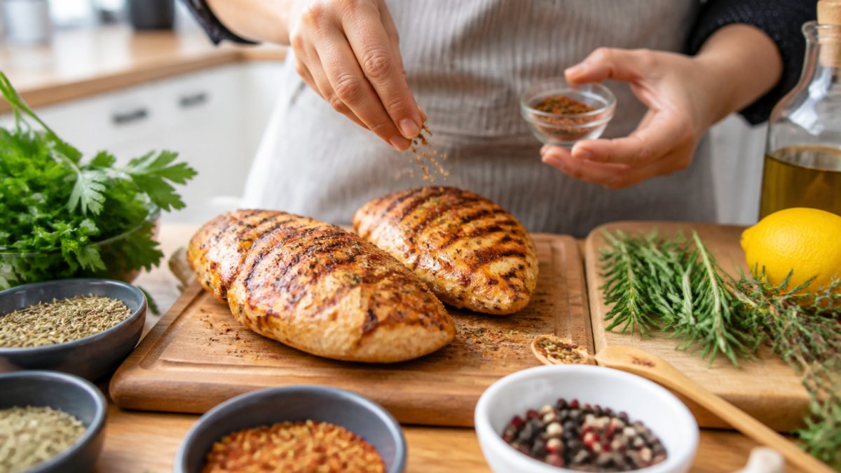 Close-up of hands seasoning grilled chicken with colorful spice blends and fresh herbs scattered on a wooden cutting board in bright kitchen lighting
