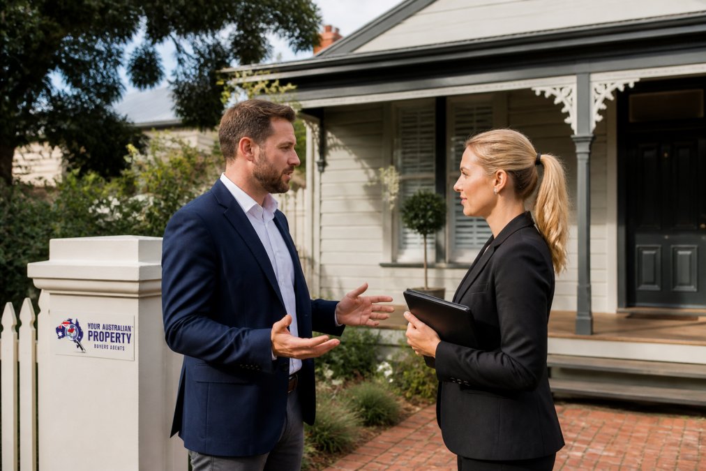 A professional buyer advocate in Melbourne having a private conversation with a real estate agent outside a suburban Victorian home, early morning light, no For Sale sign visible, suggesting a private off-market viewing