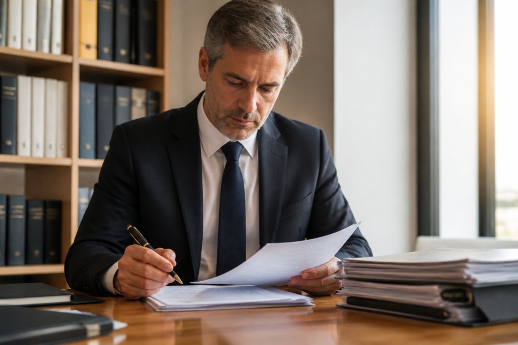 A business professional in a suit reviewing legal documents at a clean desk with a pen in hand, natural office lighting, conveying trust and formality