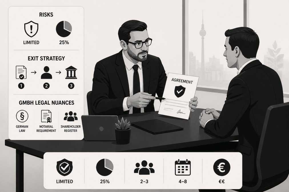 Two professionals sitting across a table in a modern meeting room, one pointing to a printed agreement document, the other listening attentively, suggesting a legal consultation