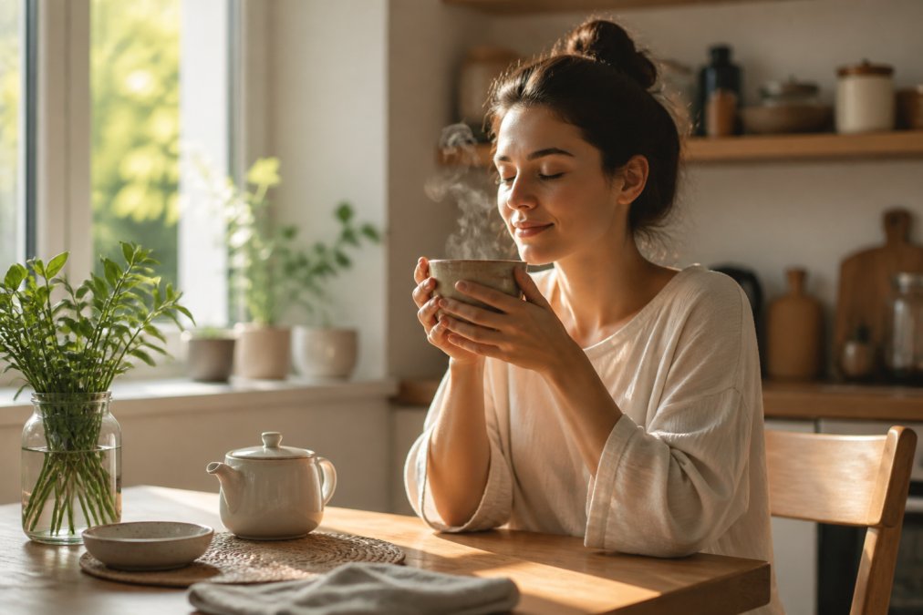7-step infographic illustrating a calming morning tea ritual for mindfulness and meditation practice