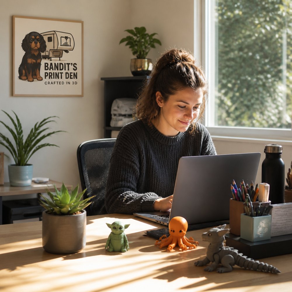 Person sitting at a personalized desk surrounded by 3D printed desk buddies, a small succulent, organized desk accessories, and natural light streaming through a window while working on a laptop