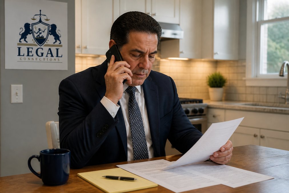 A person sitting at a kitchen table reviewing legal documents with a phone in hand, appearing to make an important call, warm home lighting in the background