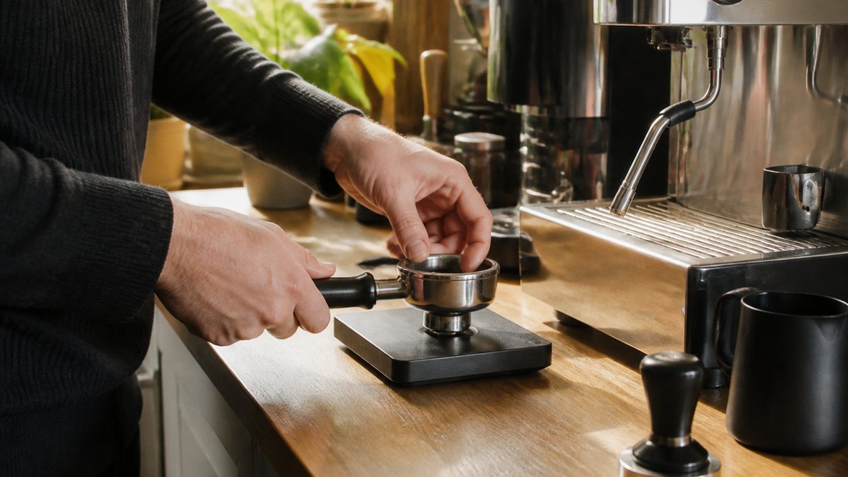 Close-up of a home barista's hands placing a portafilter onto a compact digital espresso scale on a kitchen counter, espresso machine in the background, warm morning light