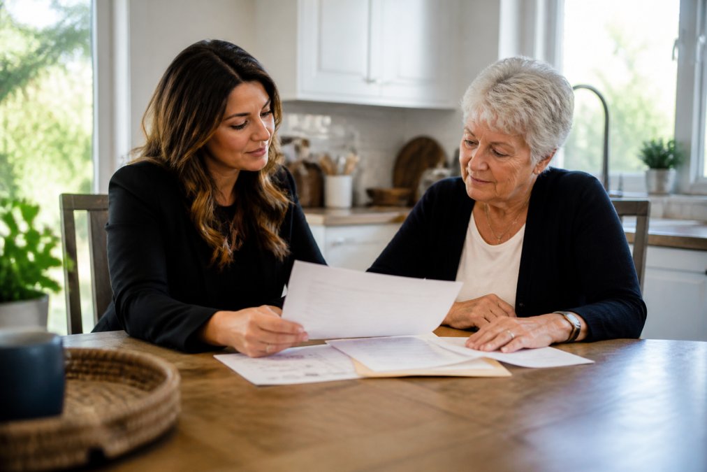 A real estate agent sitting at a kitchen table with an older woman, reviewing paperwork together in a warm, sunlit home, both looking calm and focused