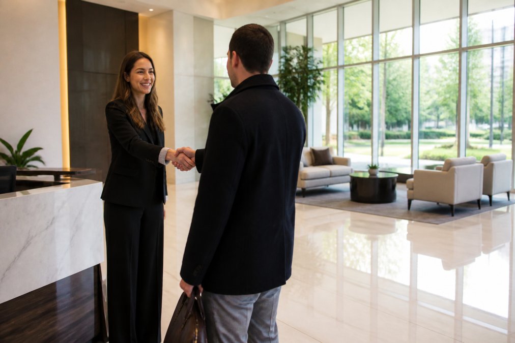 A home-based entrepreneur greeting a client in a bright, modern reception area of a professional office building, with floor-to-ceiling windows and comfortable seating