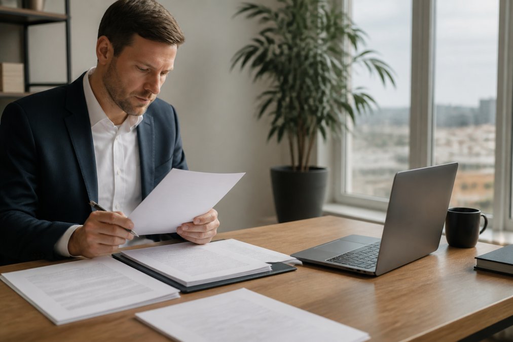 A business professional reviewing incorporation documents beside a laptop displaying a German bank account dashboard, in a bright modern office with natural window light