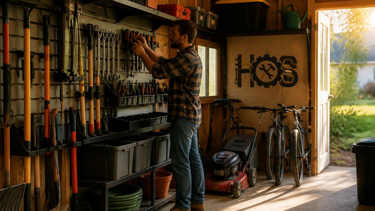 Homeowner organizing gardening tools on wall shelves in a tidy shed