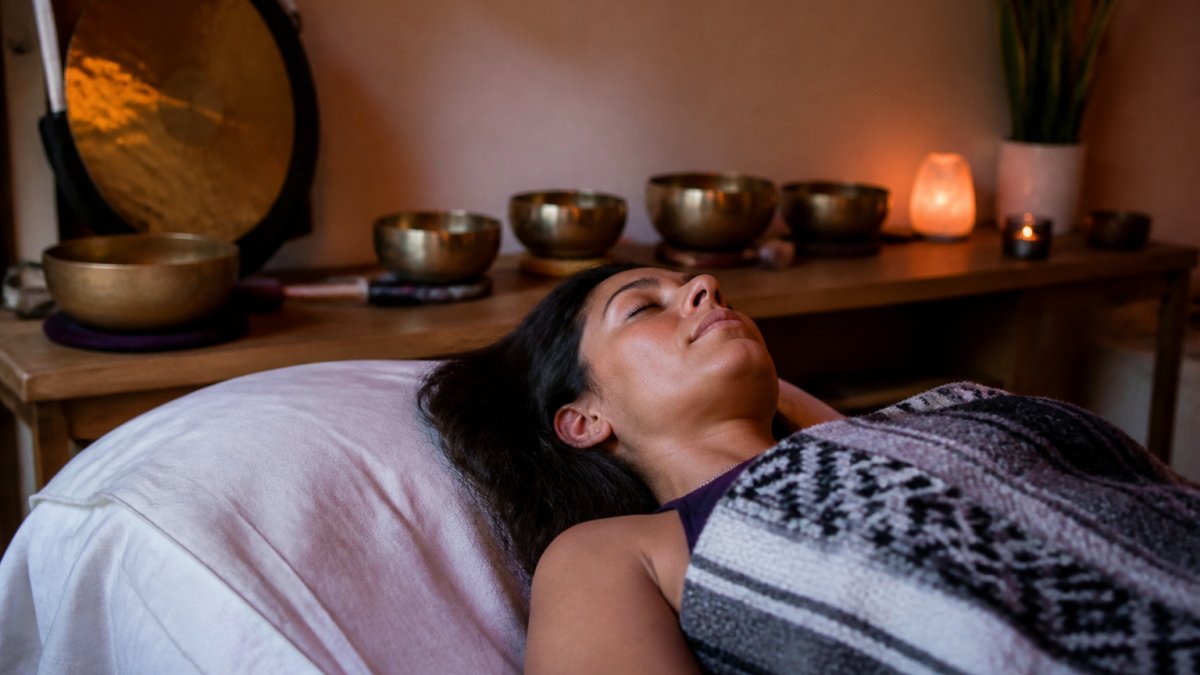 Person lying peacefully on a massage table in a dimly lit room with singing bowls and soft lighting visible in the background