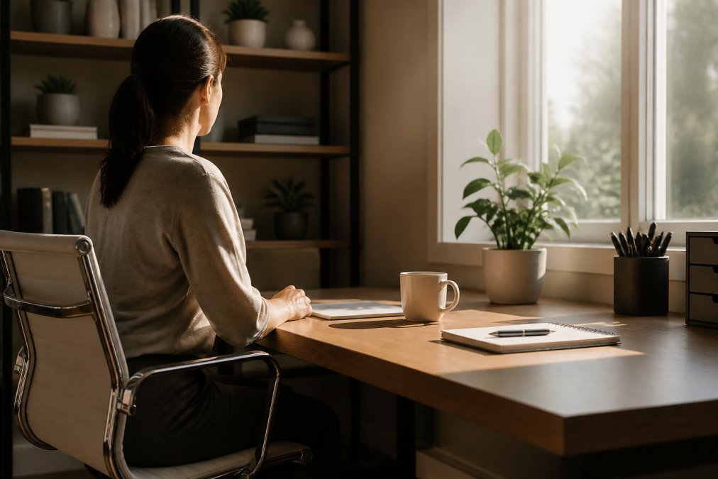 Remote worker sitting at a clean, minimalist desk with organized supplies, natural window light streaming across the workspace, and zero visible clutter