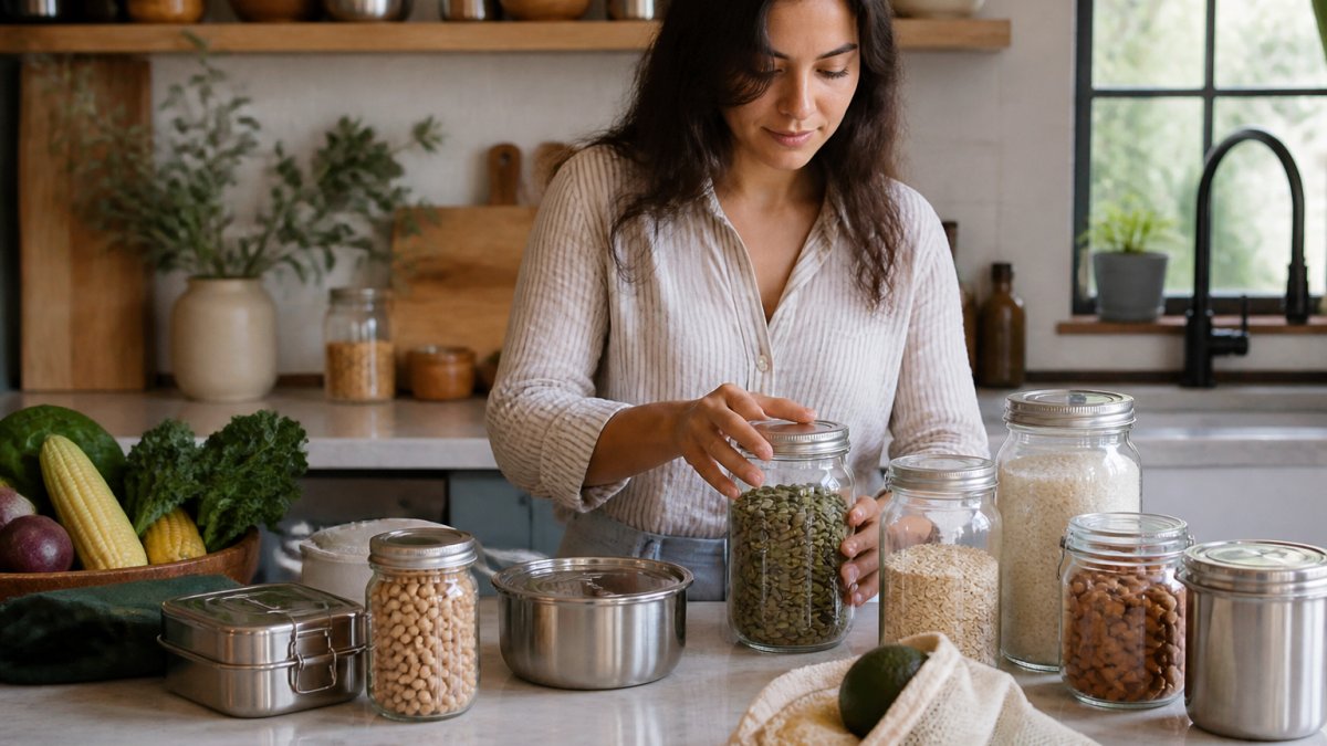 Person organizing glass jars and stainless steel containers with fresh produce on a kitchen counter