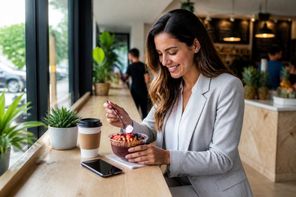 Busy professional in business casual attire enjoying a fresh acai bowl at a bright, modern juice bar counter during morning hours, with a smartphone and coffee nearby, natural light from large windows creating a welcoming atmosphere