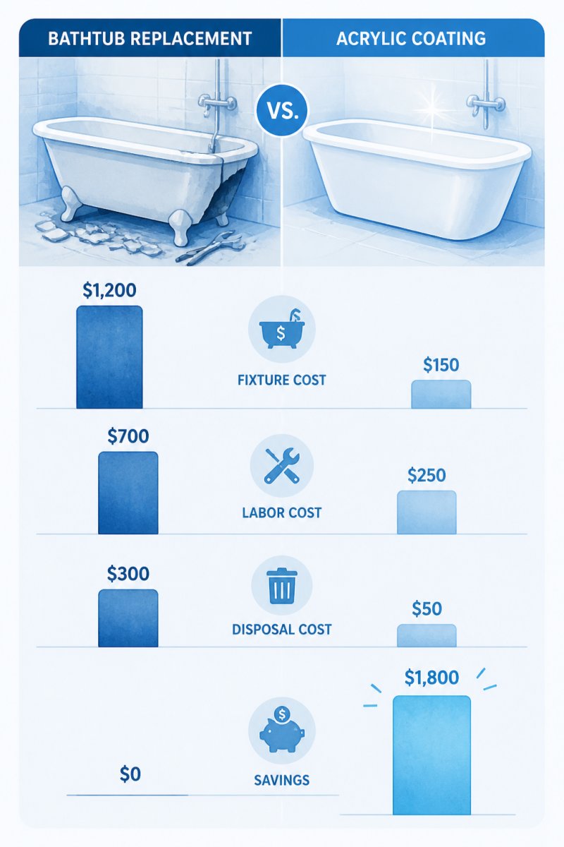Watercolor bar chart comparing bathtub replacement versus acrylic coating, showing three bars for fixture cost, labor cost, and disposal cost, with a fourth bar labeled "savings"