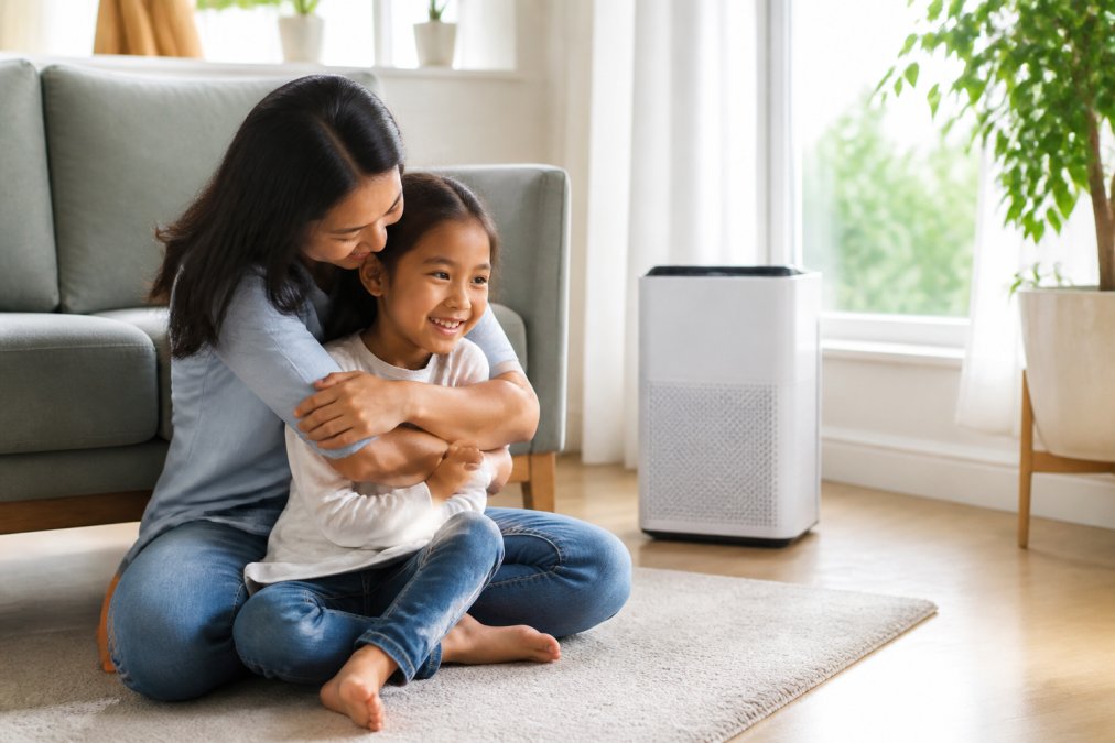 Parent and child in bright, clean living room with air purifier unit visible in the background, showing peaceful, healthy indoor environment with natural light streaming through windows