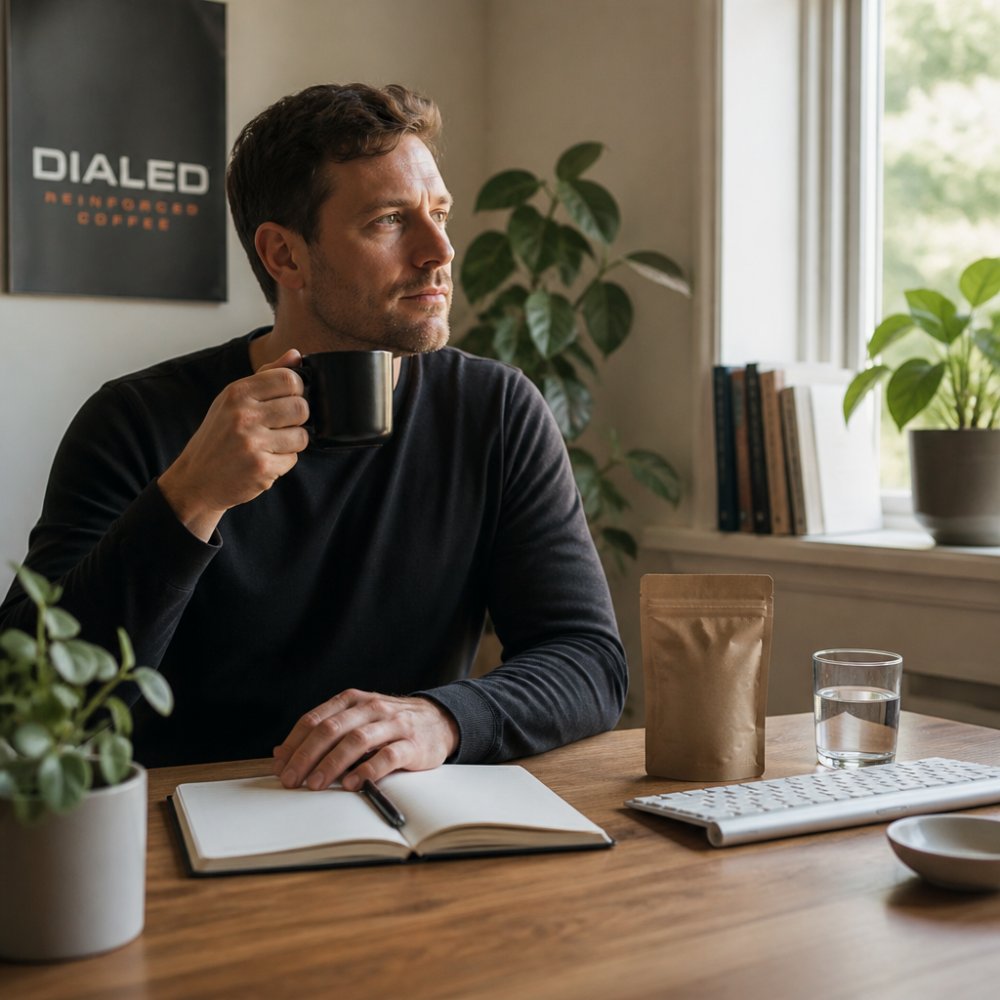 Person drinking coffee at a bright desk with adaptogens for energy to support their morning routine