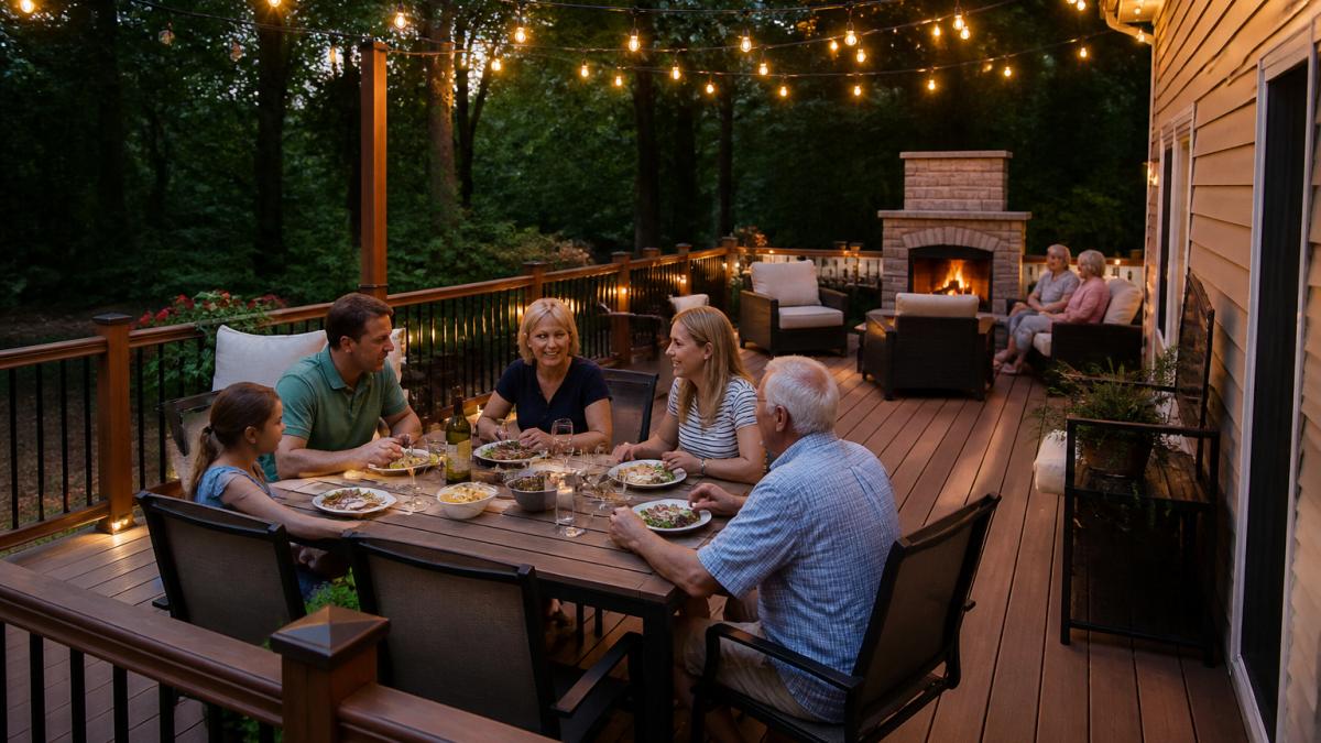 Family gathered on a spacious wooden deck during an outdoor dinner, with string lights overhead, food and drinks on a wooden table, and guests relaxing in comfortable seating