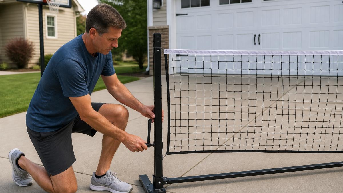 Person adjusting the height crank mechanism on a portable pickleball net in a residential driveway, net positioned at mid-height with clear adjustment markers visible, natural daylight