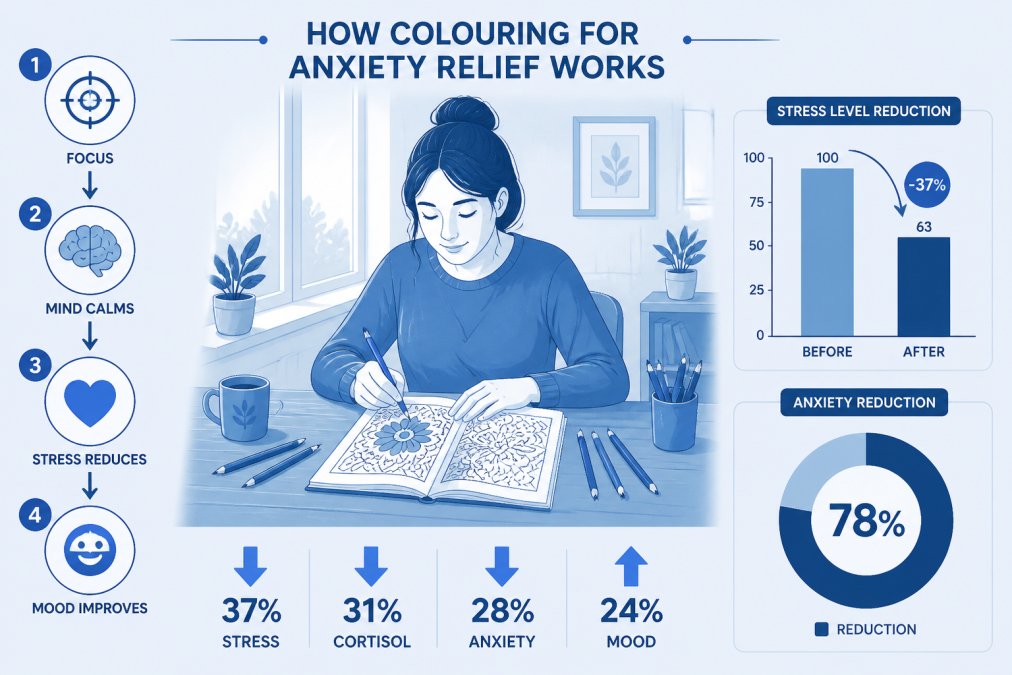 Adult sitting at a wooden table with an open colouring book and coloured pencils scattered nearby, natural daylight streaming through a window, appearing calm and focused with hands poised over the page