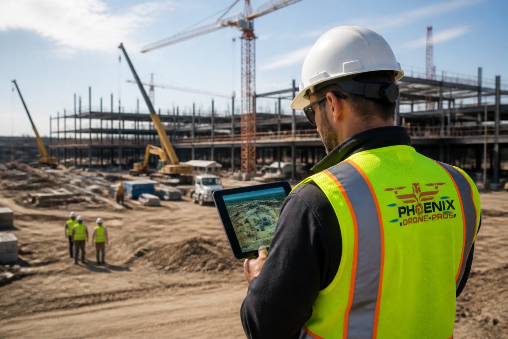 Construction manager reviewing aerial site maps on a tablet to track the benefits of aerial construction site mapping.