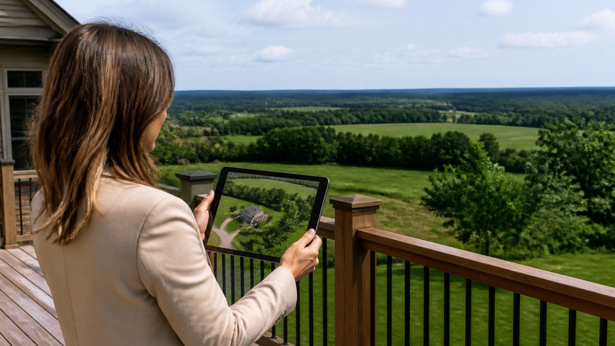 Real estate agent holding a tablet displaying an aerial real estate view of a rural property and its boundaries.