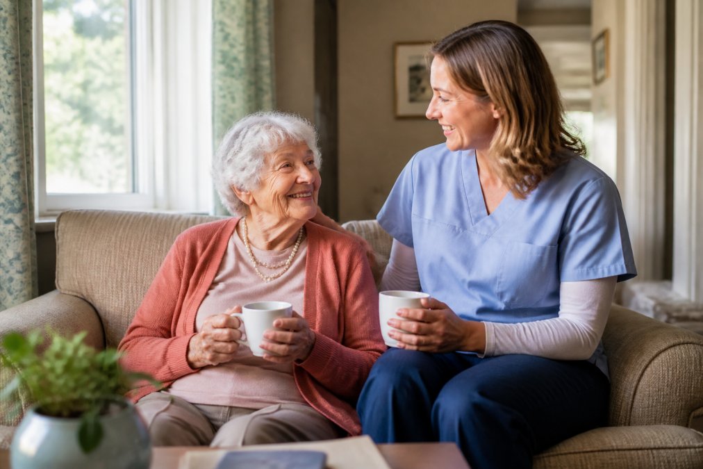 A smiling senior woman in a cozy living room, having a cup of coffee with a friendly female caregiver who is sitting beside her, warm natural window light