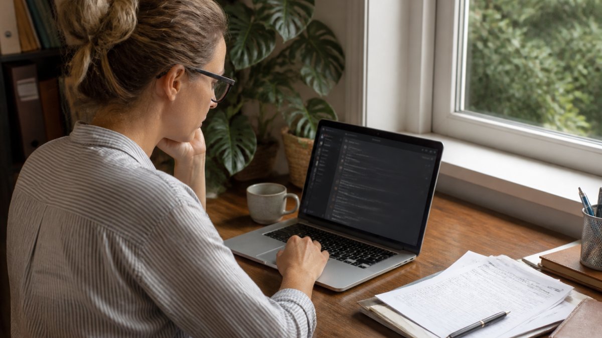 Small business owner using an AI dashboard to improve efficiency in a sunny home office in New Zealand