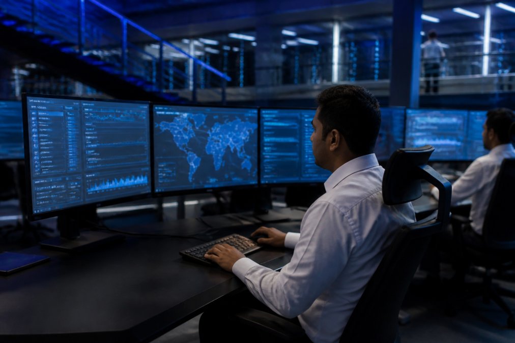 Security analyst monitoring multiple screens displaying threat alerts and network traffic patterns in a modern security operations center with blue lighting