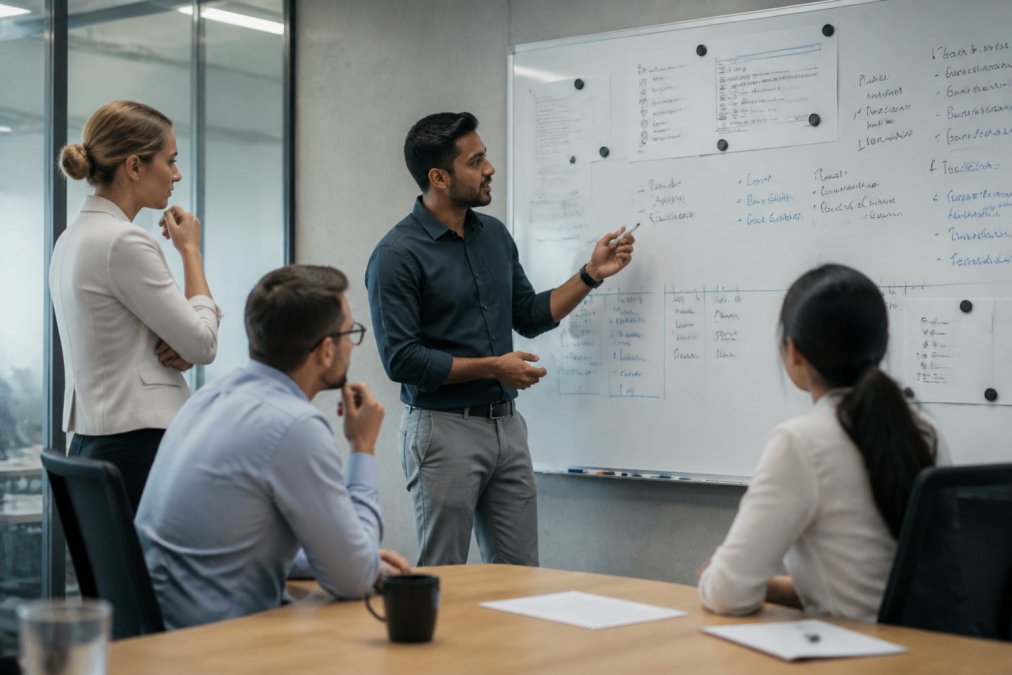 IT security team collaborating in a modern conference room, reviewing incident response procedures on a whiteboard with incident timeline documentation