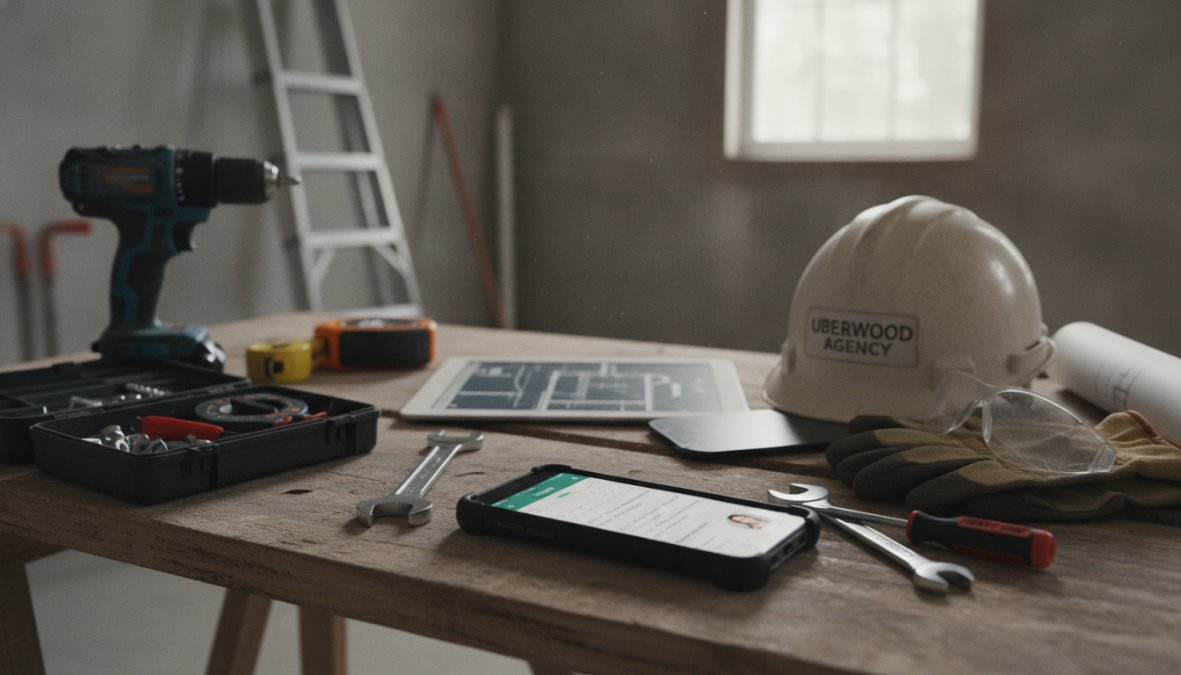 Home service technician in uniform using mobile app on smartphone to check scheduled appointments and customer details while standing at residential job site in afternoon sunlight