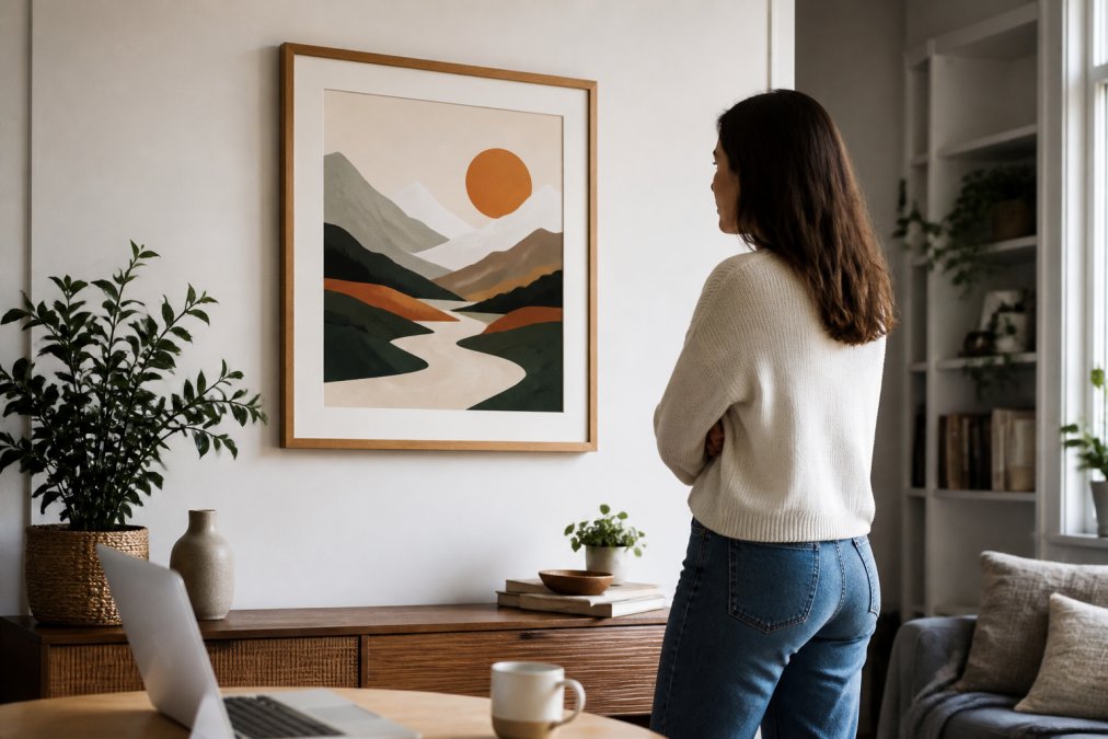 Process diagram showing how AI design prompts transform into personalized wall art for living spaces.