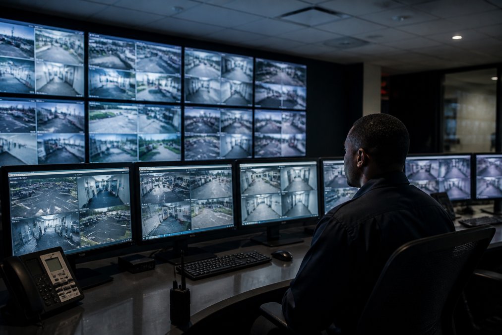 Security professional monitoring live video feeds in an AI surveillance operations center