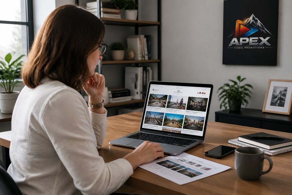 Small business owner reviewing video content on laptop in modern office with website and marketing materials visible on screen