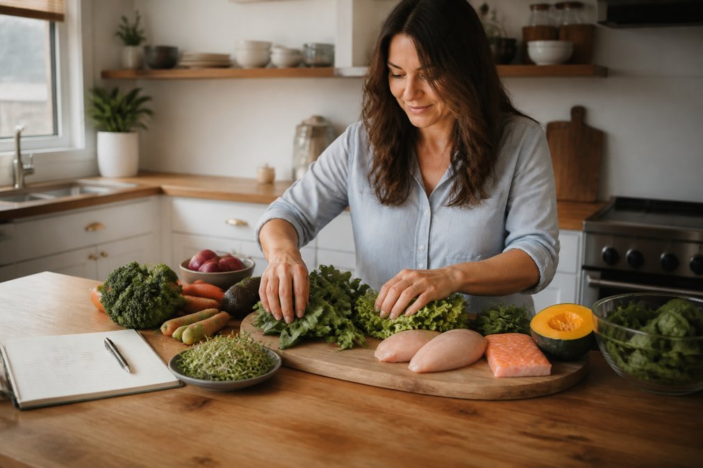 A woman in a bright kitchen arranging fresh vegetables, leafy greens, and lean proteins on a wooden cutting board, with a notebook and pen nearby for meal planning