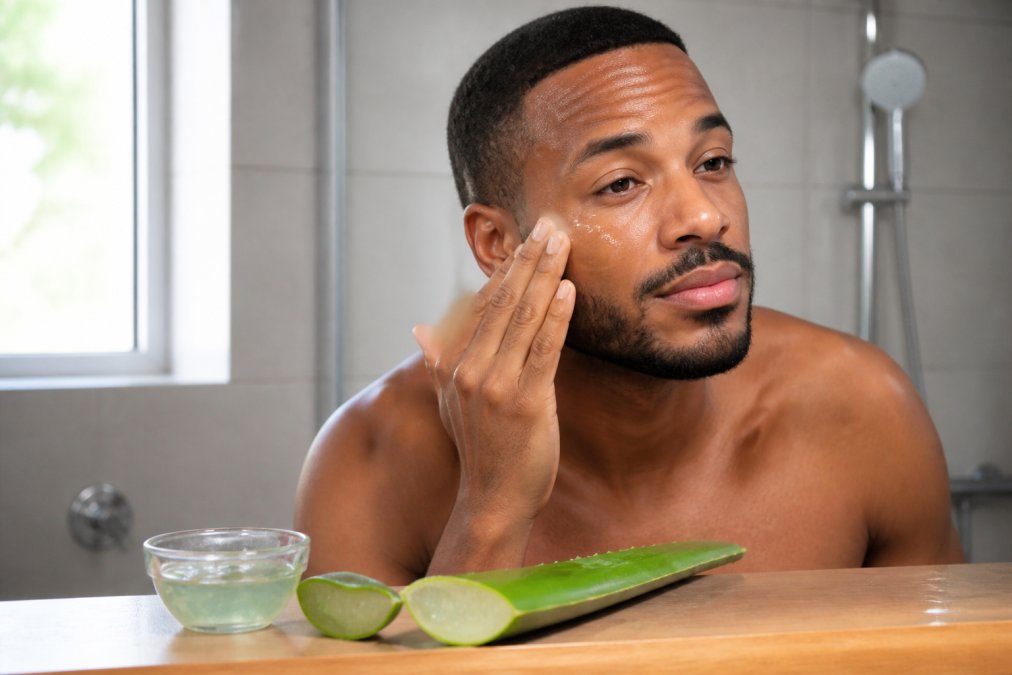 Close-up of a man applying aloe vera gel to his face, with a fresh aloe leaf and a small bowl of gel on a bathroom counter, natural light