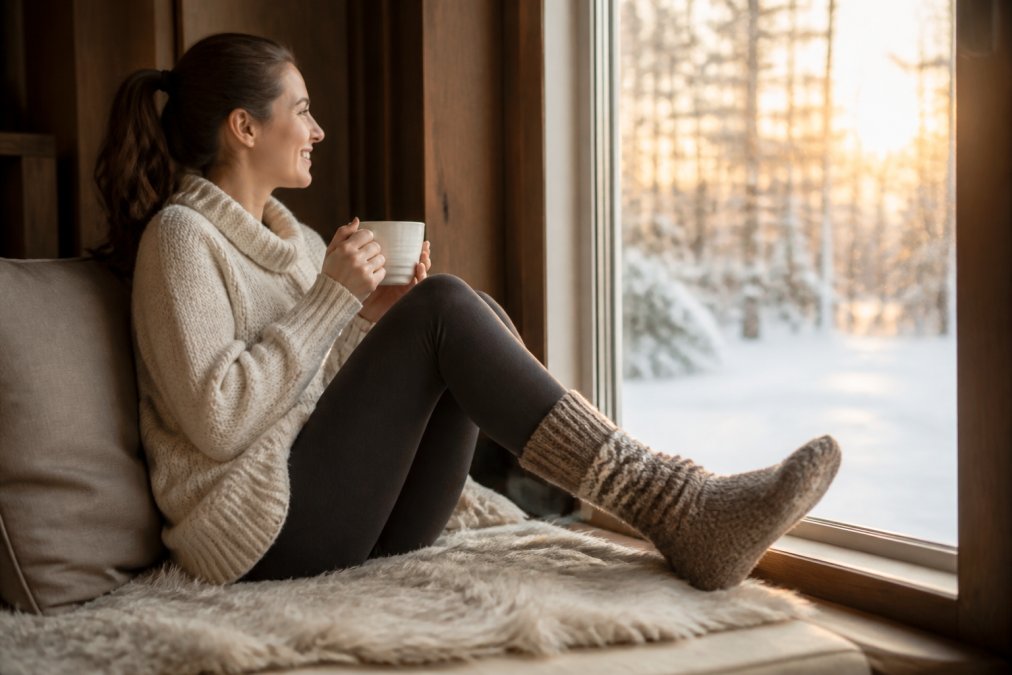Person wearing cozy alpaca socks indoors by a window during winter, feet visible on a plush surface with warm golden sunlight streaming through glass