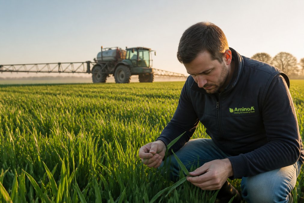 A crop sprayer applying foliar feed to a field of winter wheat at early stem extension, with a farmer or agronomist inspecting leaf coverage in the foreground, soft morning light