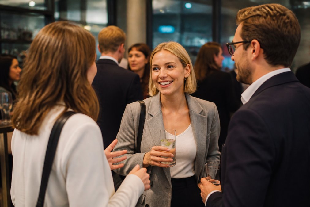Professional holding sparkling water at a networking event while embracing an alcohol-free lifestyle.