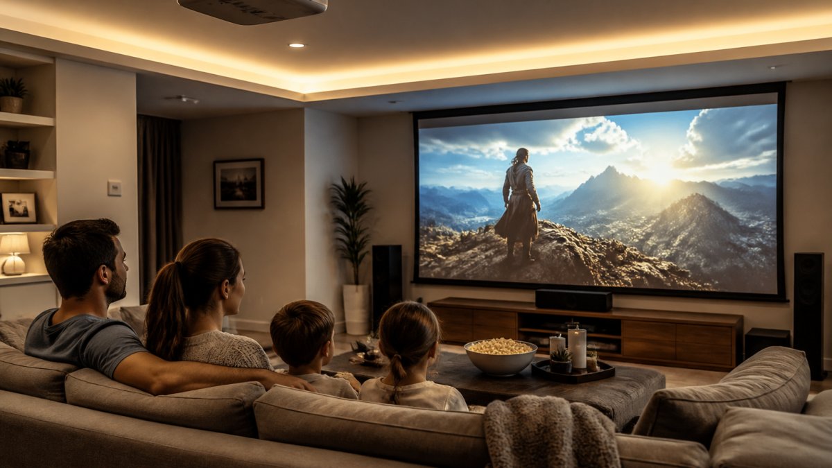 A family sitting on a couch in a living room with ceiling lights on, watching a bright, clear movie projected on a wall screen, warm ambient glow filling the room