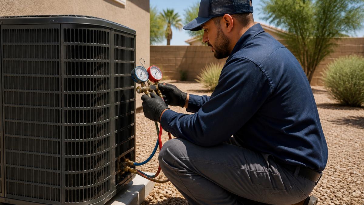 HVAC technician checking refrigerant pressure during annual AC maintenance on an outdoor condenser unit.