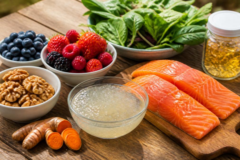 Infographic displaying a variety of anti-inflammatory foods and supplements for skin repair and health