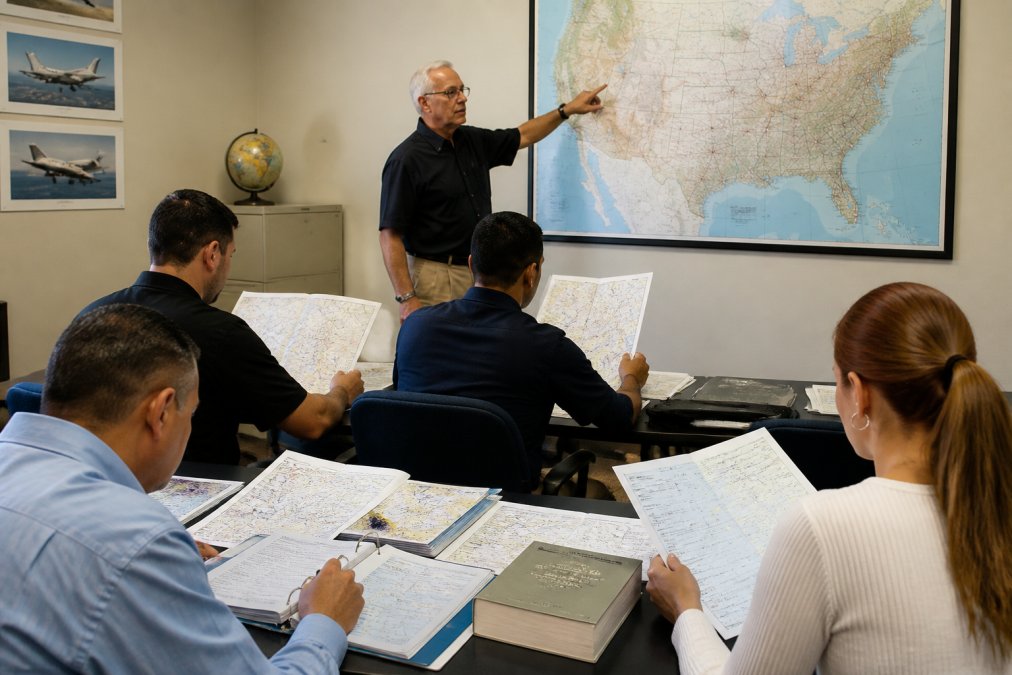 A small group of adult students in a bright classroom reviewing printed flight plans and weather charts at tables, with an instructor pointing to a wall-mounted map of the United States