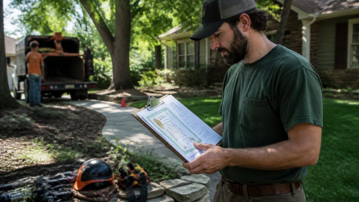 A homeowner reviewing an arborist's certification documents on a clipboard while standing in a residential yard with mature trees in the background