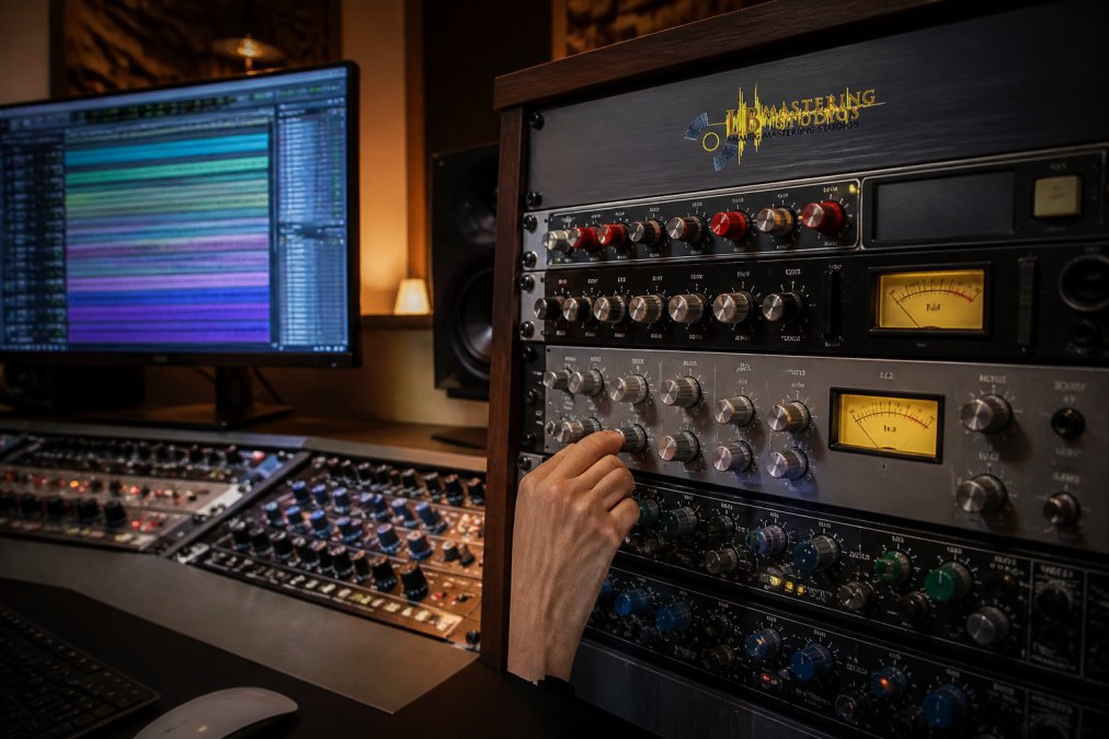 Professional mixing engineer adjusting analog compressor and EQ hardware mounted in a studio rack, with a computer monitor displaying a DAW interface showing multiple audio tracks in the background, under warm studio lighting